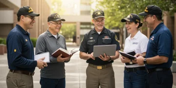 Veterans on a college campus discussing education and GI Bill benefits
