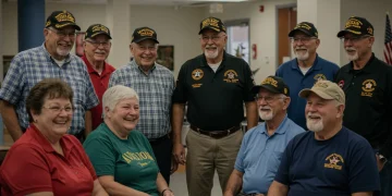 Veterans gathered in a supportive community setting discussing benefits and healthcare.