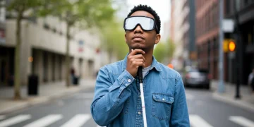 Visually impaired person navigating city street with white cane