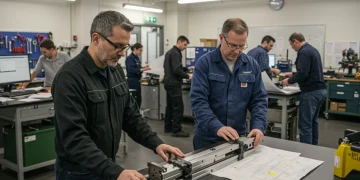 Adults in vocational training class using computers and tools