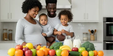 Diverse family benefiting from WIC program with healthy food options