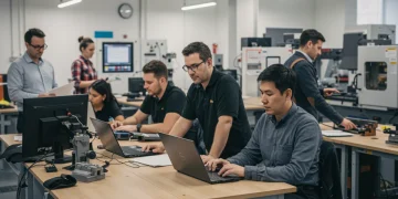 Diverse adults engaged in modern vocational training, highlighting skill development and career advancement.