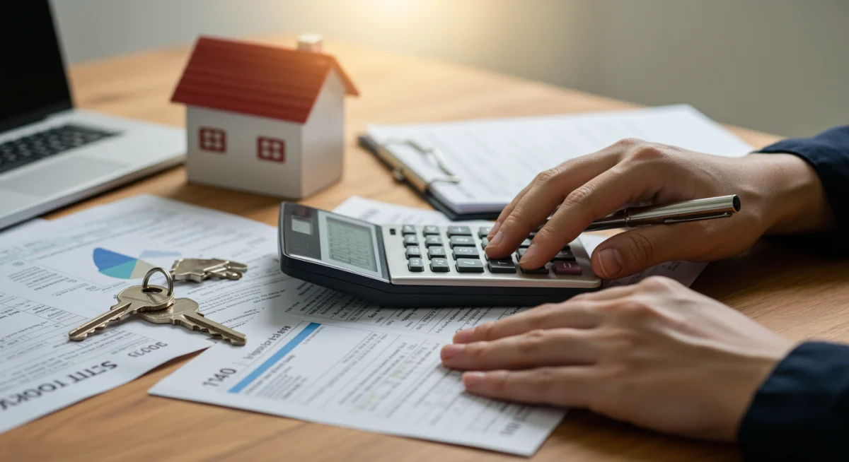 Homeowner calculating tax deductions with calculator and forms