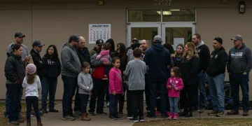 People seeking emergency rental assistance outside a community center, with a 2026 deadline visible