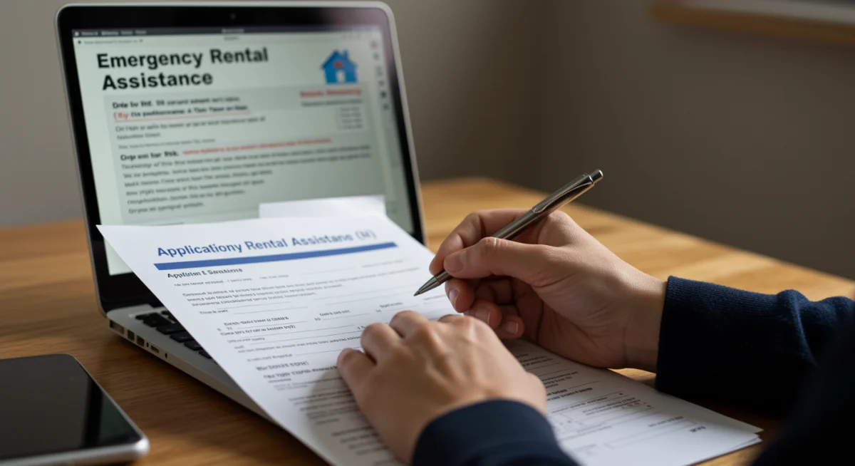 Individual meticulously filling out an emergency rental assistance application form