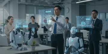 Professionals collaborating with AI and robots in a futuristic office setting, symbolizing the future of work automation