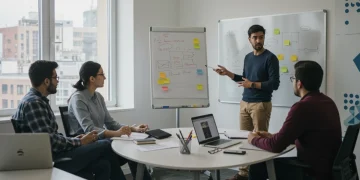 Interns collaborating in a modern office, actively engaging in a brainstorming session to maximize their internship experience.