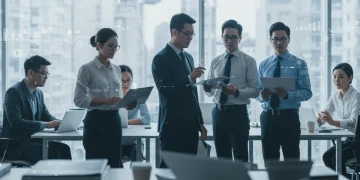 Professionals collaborating to overcome talent shortages in a modern workspace.