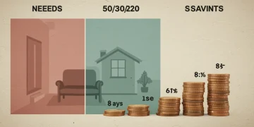 Illustration of the 50/30/20 budgeting rule with categories for needs, wants, and savings, emphasizing financial growth.