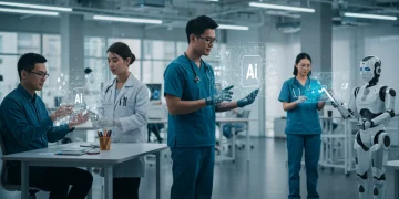 Professionals collaborating with AI and technology in a modern office, highlighting human-AI synergy and future job skills.