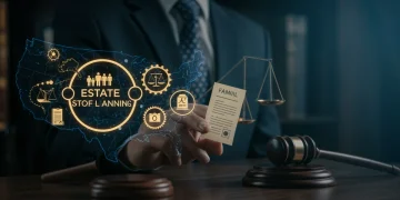 Detailed family tree with legal documents and gears illustrating complex estate planning for US citizens