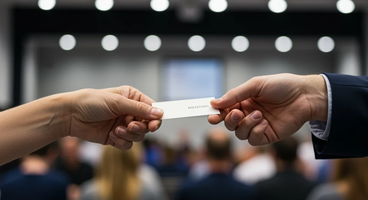 Hands exchanging business cards at a professional event, signifying a new connection and potential mentorship.