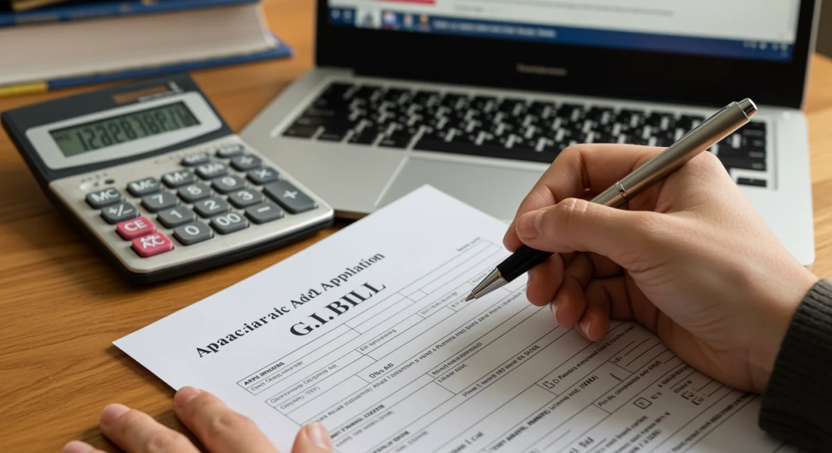 Hand filling out a G.I. Bill application form, symbolizing the application process.