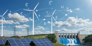 Global green energy investment surge, depicting solar, wind, and hydro power with financial growth charts.