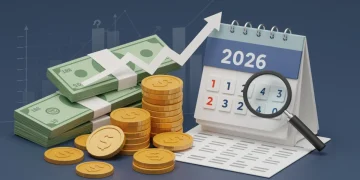 Illustration of stacked coins and bills with an upward trending graph, symbolizing high-yield savings growth in 2026.