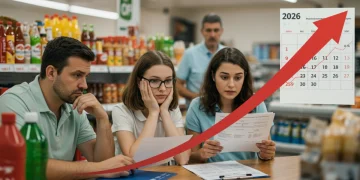 Inflation arrow rising over 2026 calendar with worried family and budget documents