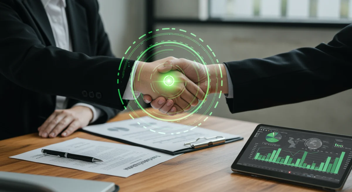 Business professionals finalizing a green energy investment deal, showing collaboration and financial commitment.