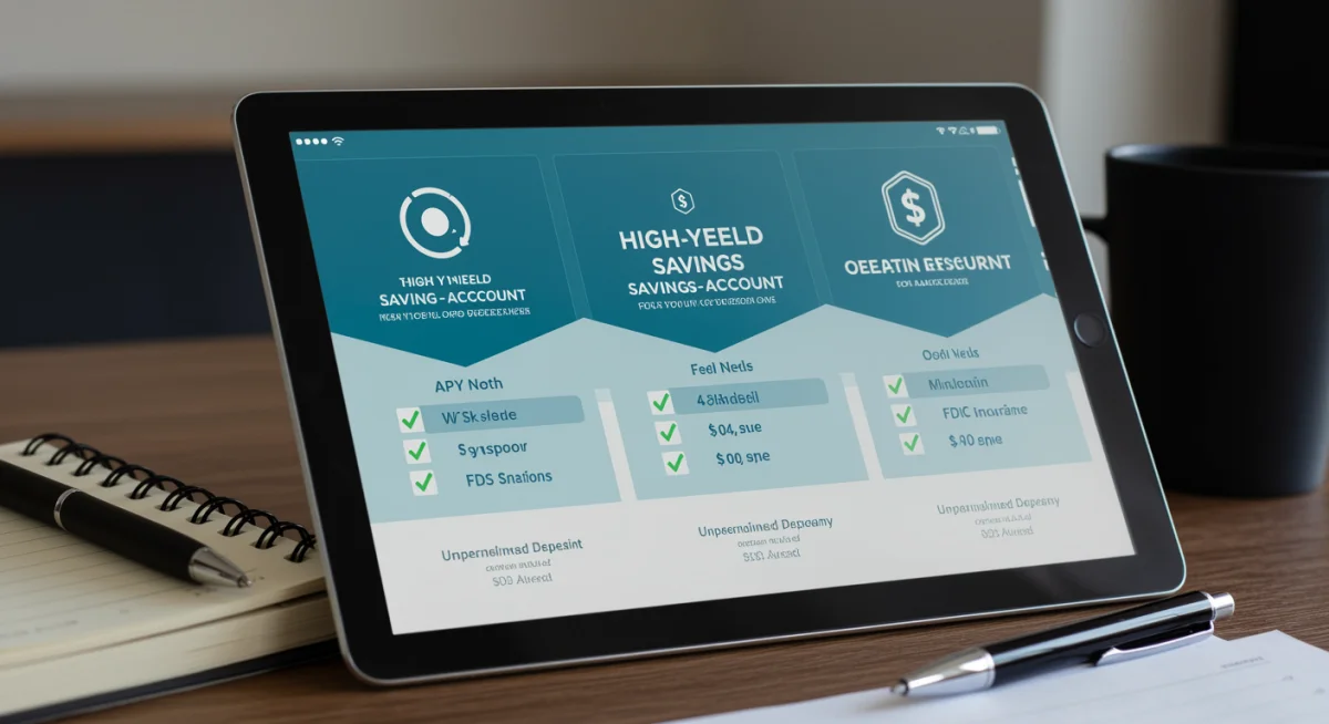 Infographic on tablet comparing features of three high-yield savings accounts, including APY and fees.