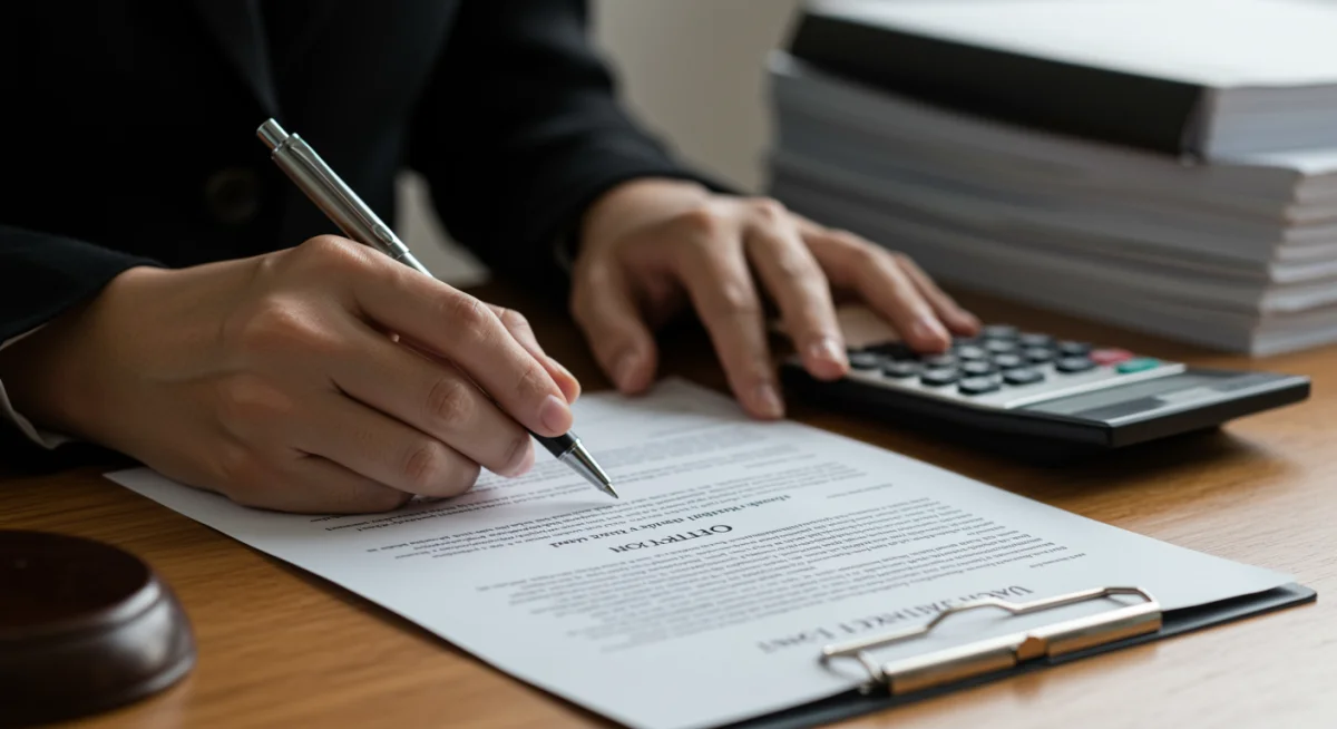 Hands signing legal documents for estate planning with financial tools