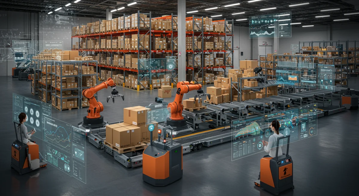 Automated smart warehouse with robots and human operators, showcasing advanced logistics and inventory management for enhanced supply chain resilience.