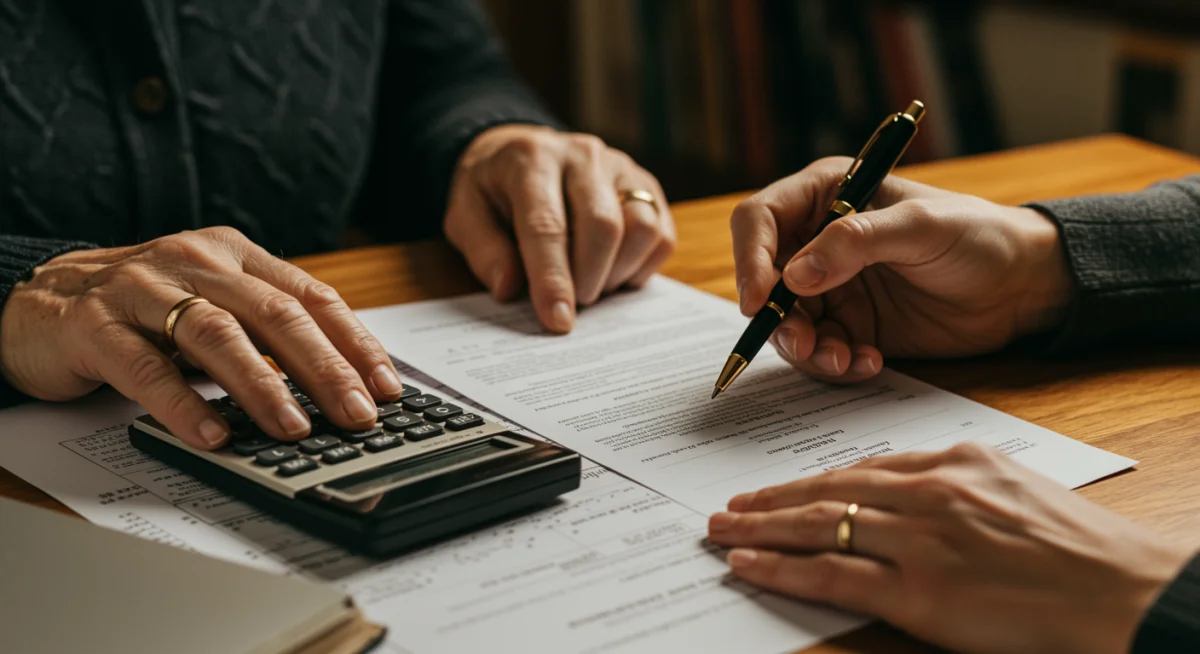 Hands using a calculator on a Social Security statement, symbolizing careful financial planning.