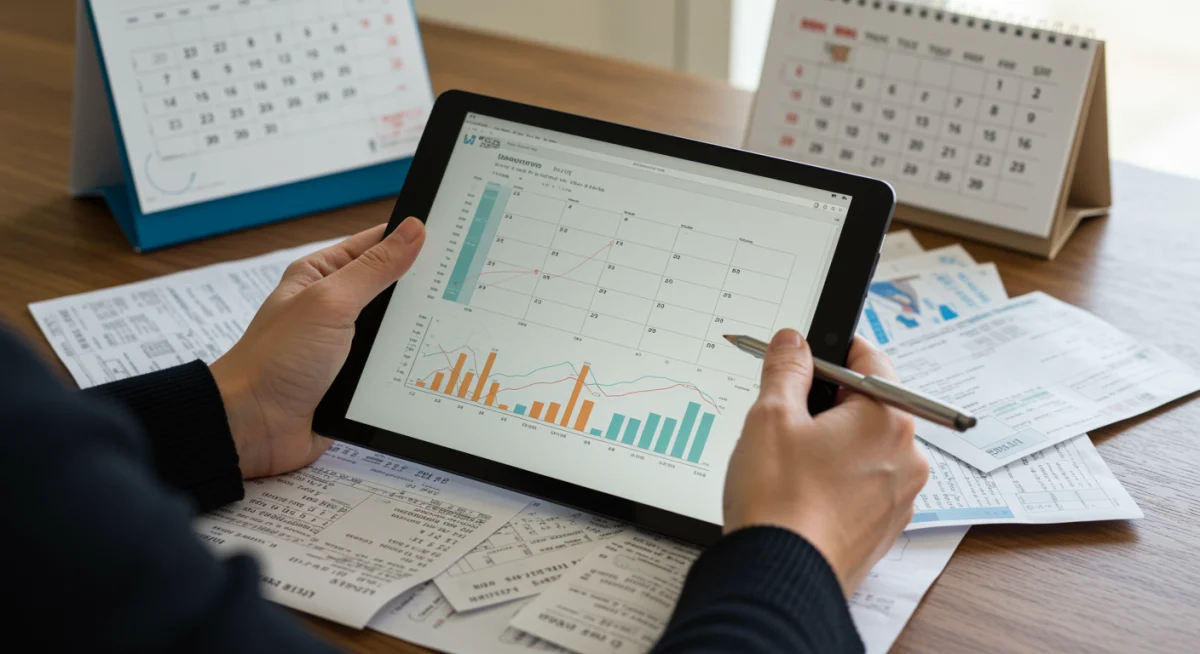 Person tracking household expenses on a tablet, demonstrating effective financial management.
