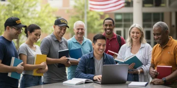 Veterans studying on a modern university campus, representing G.I. Bill education benefits.
