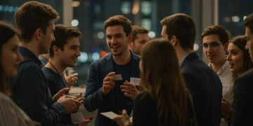 Young professionals networking at an event, exchanging ideas and business cards, symbolizing early career advancement.