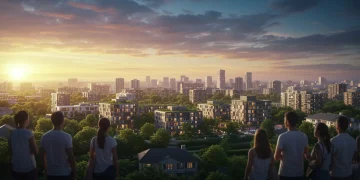 Futuristic cityscape with modern buildings and people looking towards the horizon, symbolizing the 2026 housing market outlook.