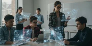 Students and teachers engaging with AI learning tools in a futuristic classroom.