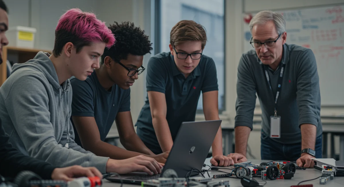 High school students collaborating on an AI robotics project.