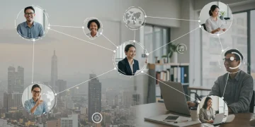 Global team collaborating remotely, digital connections across cities and homes