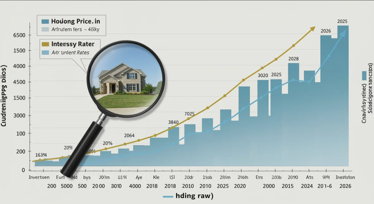 Graph illustrating fluctuating housing prices and interest rates with a projected upward trend, highlighting investment data.