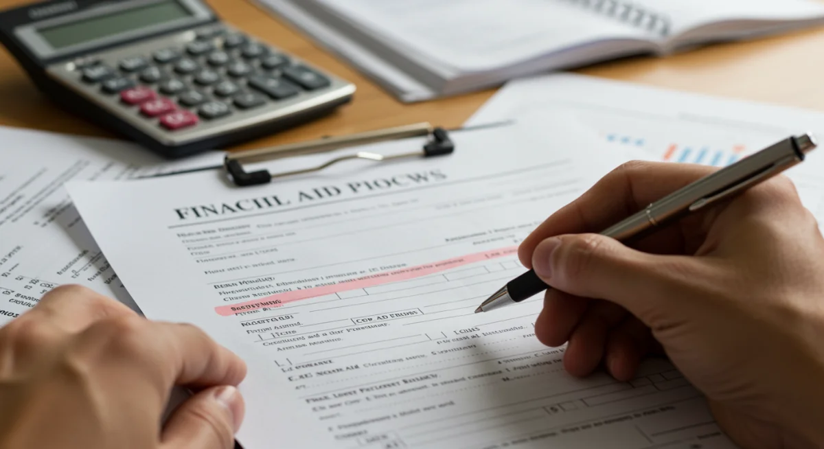 Person carefully reviewing and filling out a financial aid application form