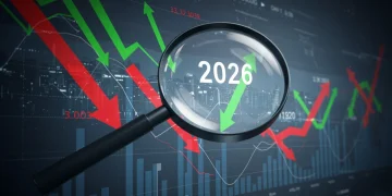 Strategic financial planning with tax-loss harvesting in 2026, showing charts and a magnifying glass.