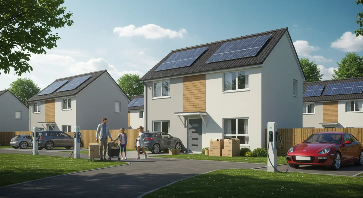 Family moving into an energy-efficient smart home with solar panels, symbolizing sustainable housing trends.