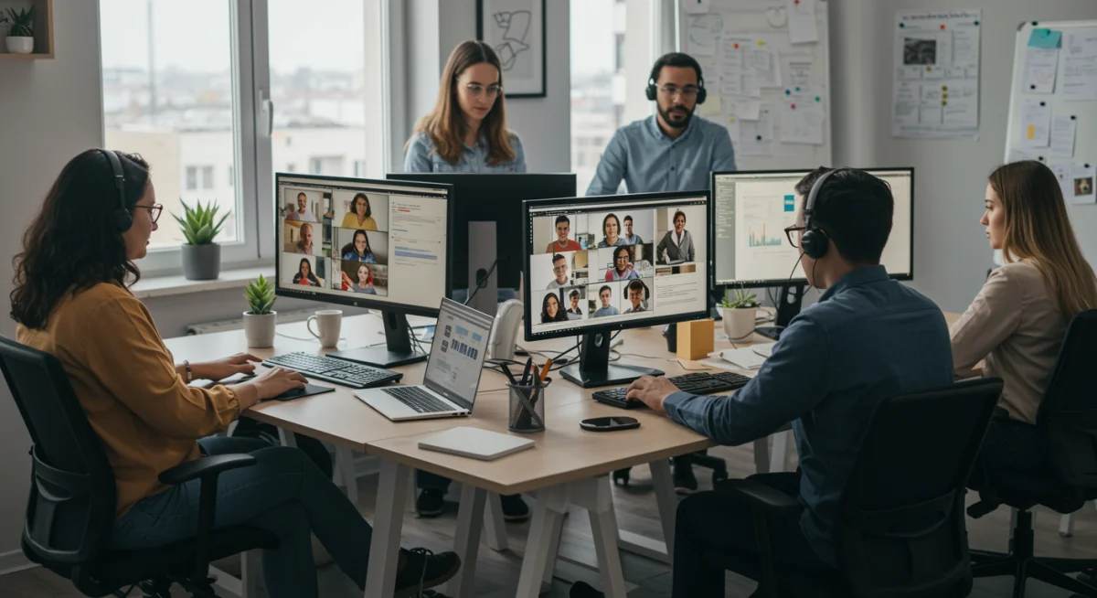 Diverse team engaging in a productive virtual meeting from home offices