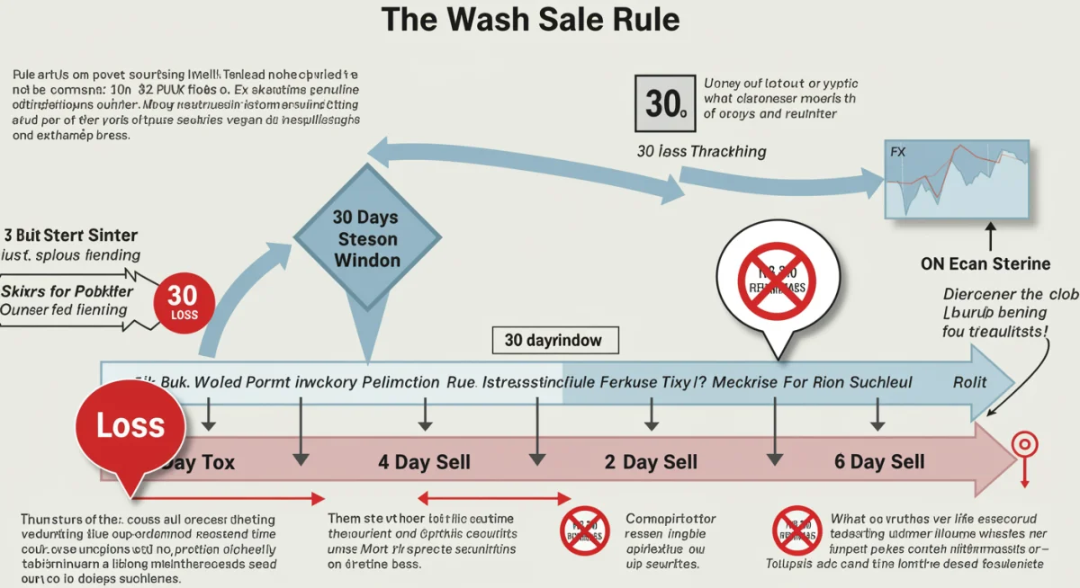 Infographic explaining the wash sale rule in tax-loss harvesting with a timeline and 30-day window.