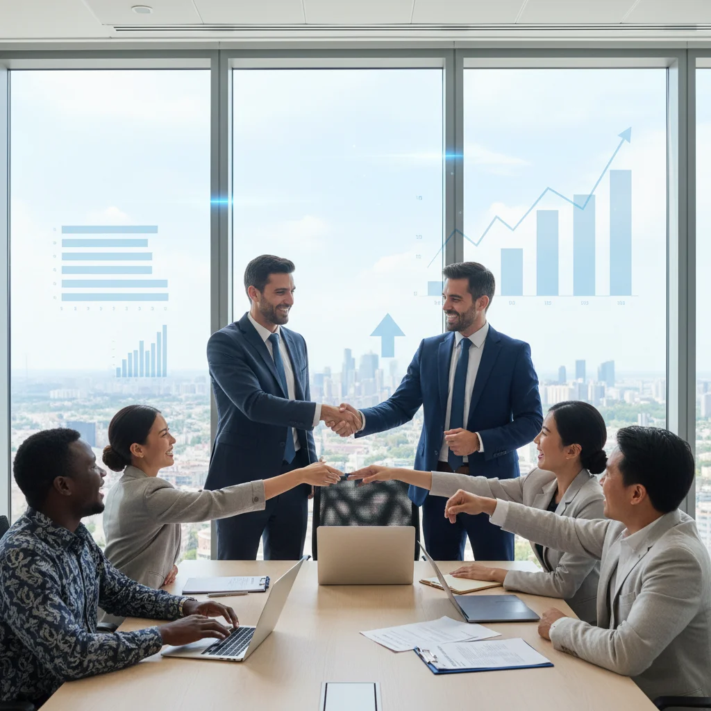 Profesionales de negocios españoles y de mercados emergentes cerrando un acuerdo comercial