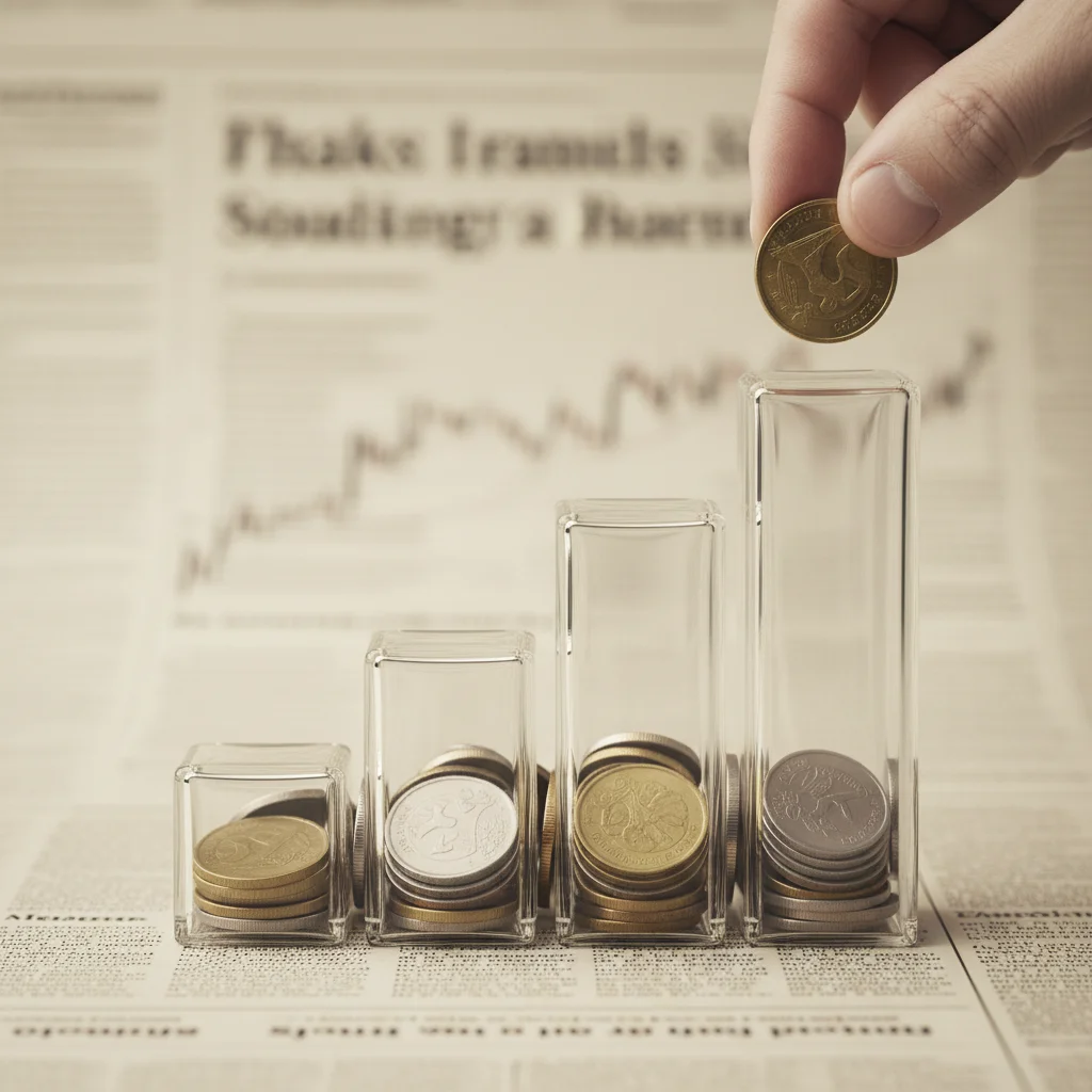 Mano depositando una moneda en una hucha transparente en forma de gráfico ascendente, simbolizando el ahorro a largo plazo.