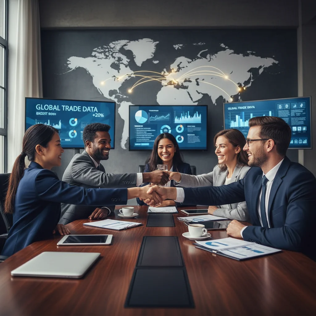 Empresarios internacionales cerrando un acuerdo comercial, representando la importancia de las alianzas estratégicas para las exportaciones.