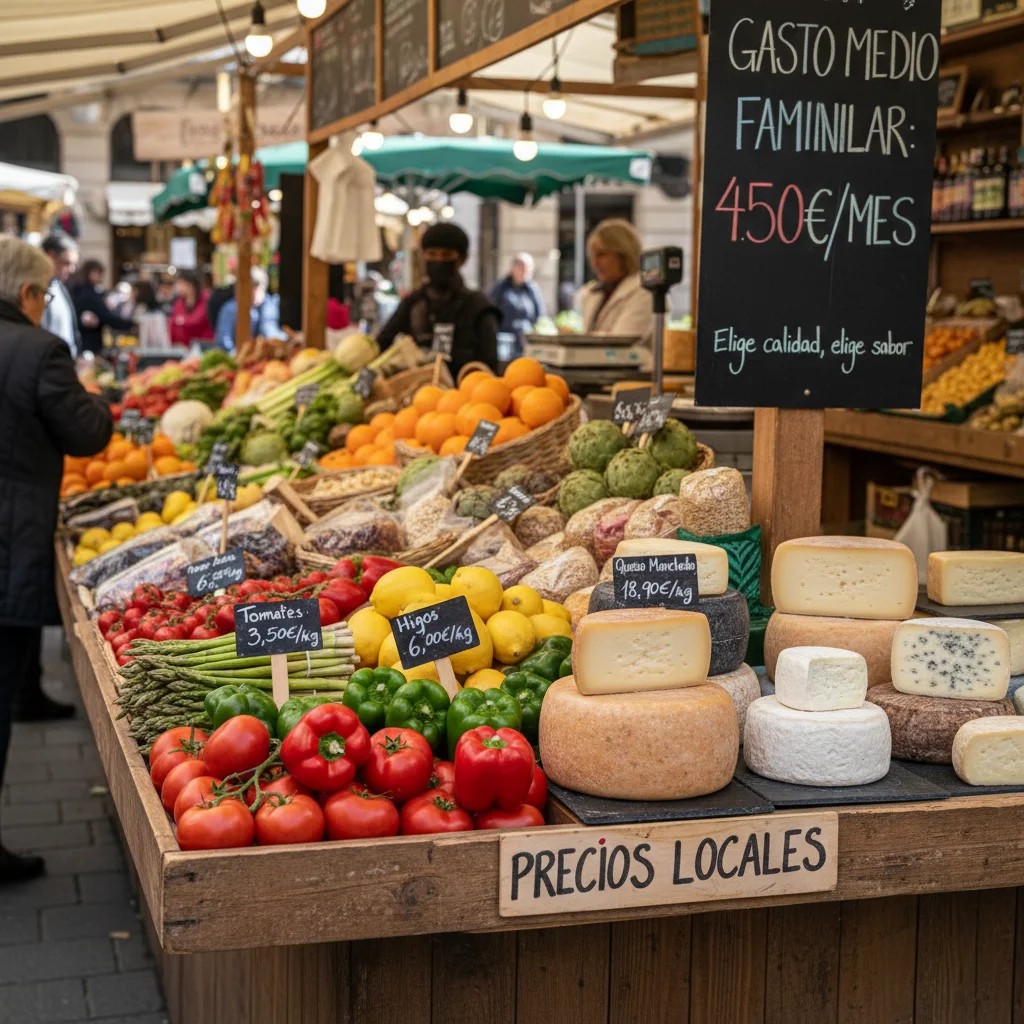Alimentos frescos en un mercado español, representando los gastos de alimentación.