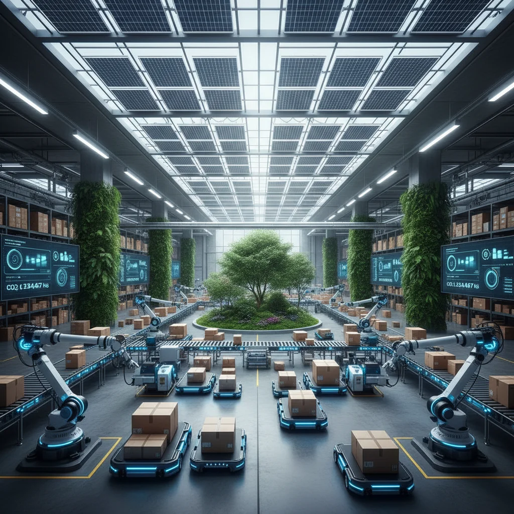 Almacén automatizado con robots y tecnología avanzada, destacando eficiencia y sostenibilidad energética.