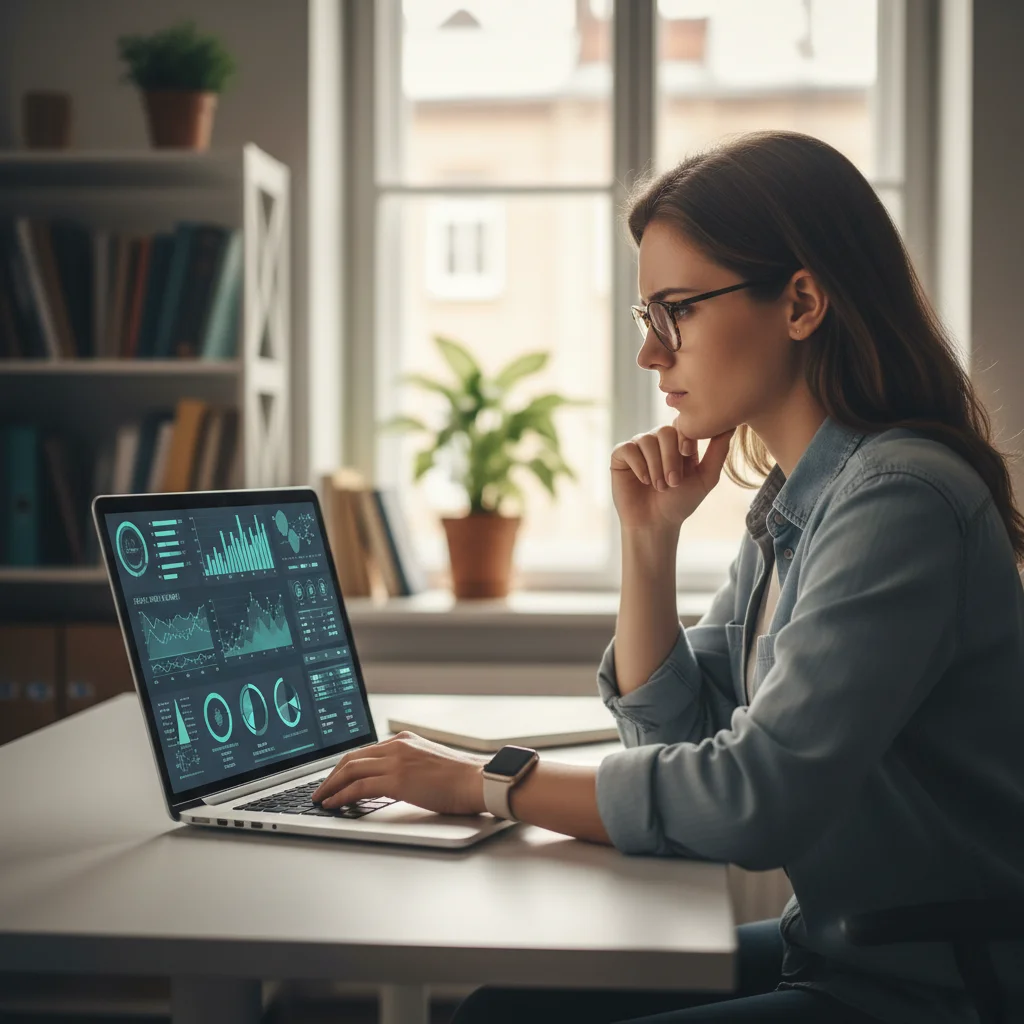Analista de datos concentrado, rodeado de gráficos y herramientas digitales, representando la importancia del análisis de datos.