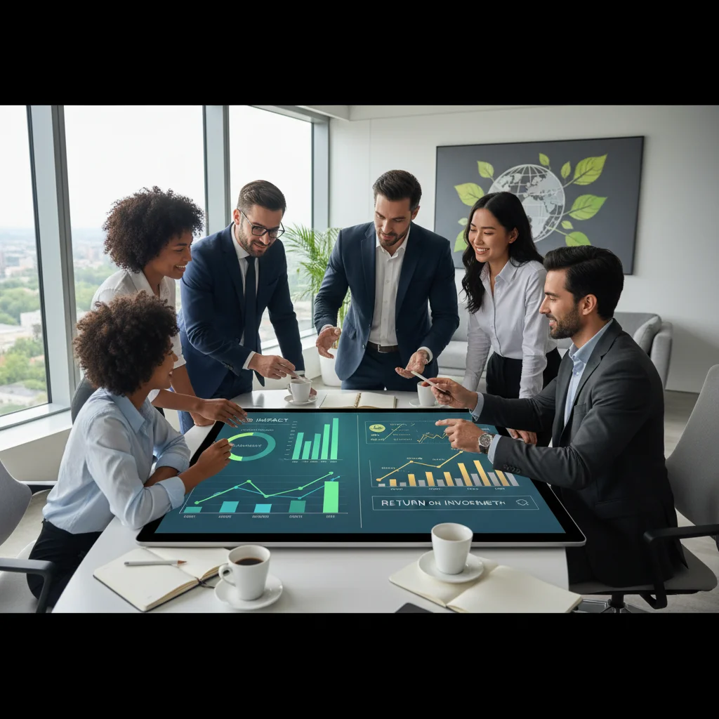 Equipo de profesionales analizando métricas ASG y rendimiento financiero en una oficina moderna.