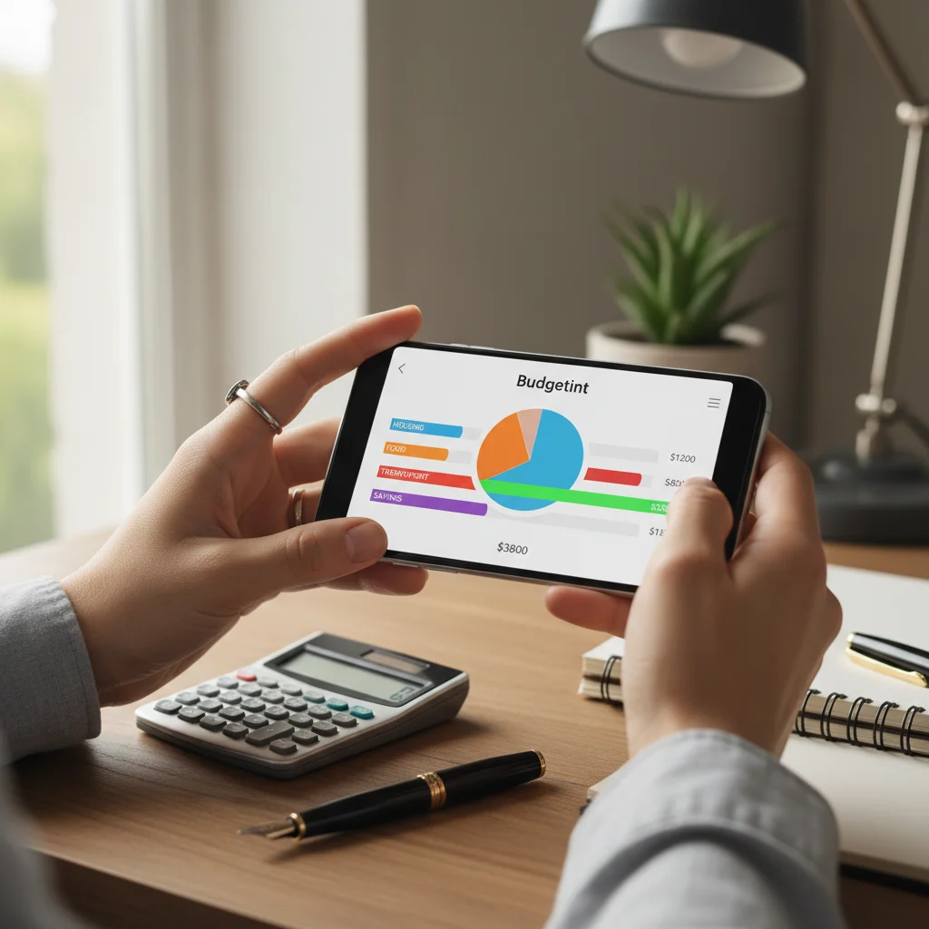 Manos utilizando una aplicación de presupuesto en un smartphone para gestionar gastos y ahorros.
