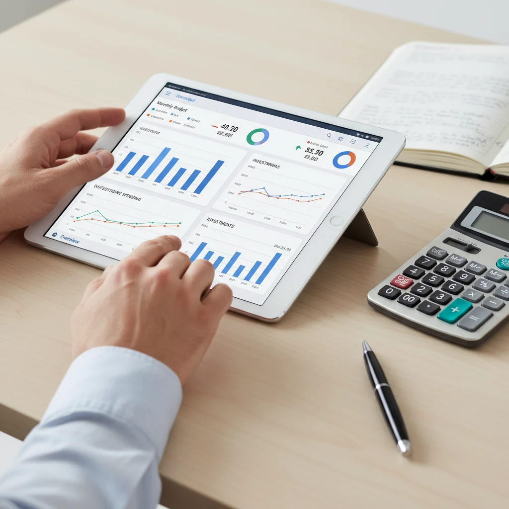 Persona utilizando una aplicación de presupuesto para controlar sus finanzas
