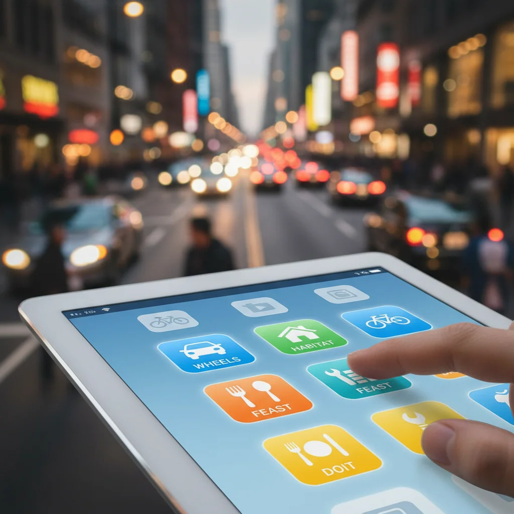 Aplicaciones de economía colaborativa en una tablet, mostrando la digitalización de los servicios.