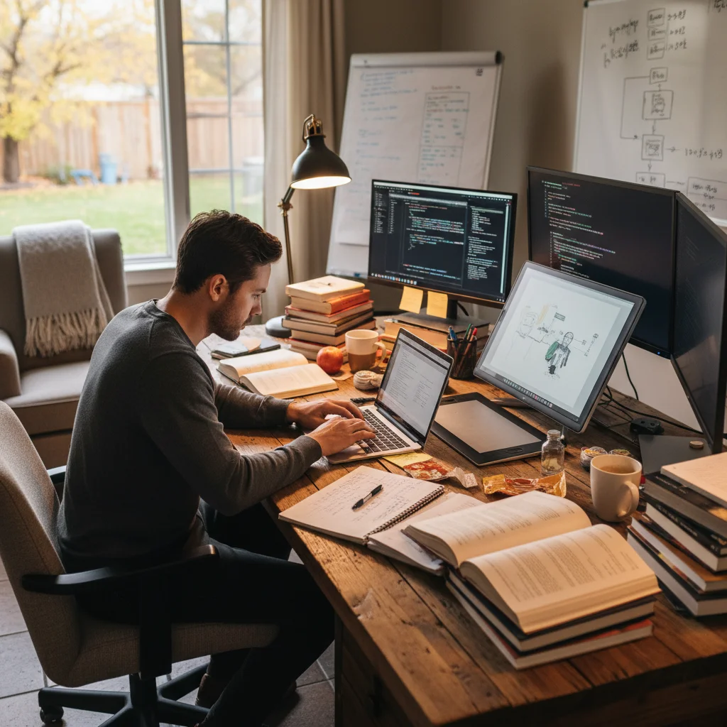Persona estudiando y desarrollando nuevas habilidades para el crecimiento profesional.
