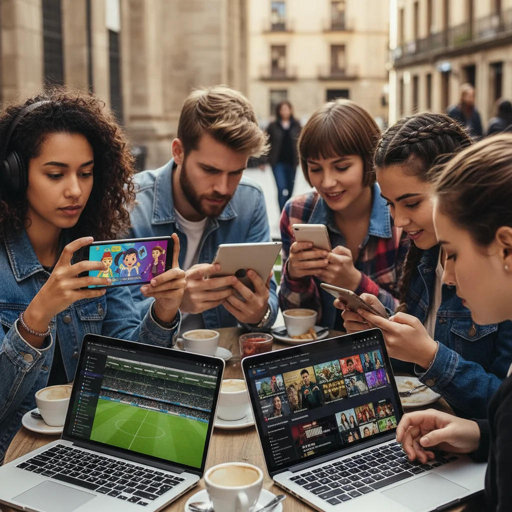 Grupo de jóvenes en España viendo contenido streaming en diferentes dispositivos, mostrando la personalización del consumo de medios.